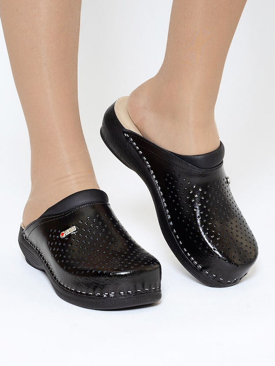 Leon Med 100 Damen Leder Anatomisch Clogs Schwarz