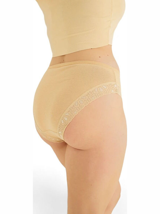 Βαμβακερά Ψηλόμεσα Γυναικεία Slip MultiPack με Δαντέλα Beige