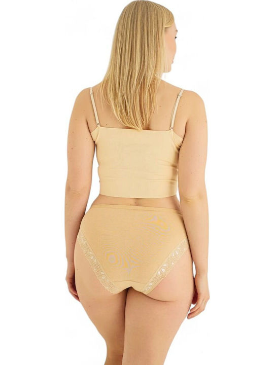 Βαμβακερά Ψηλόμεσα Γυναικεία Slip MultiPack με Δαντέλα Beige