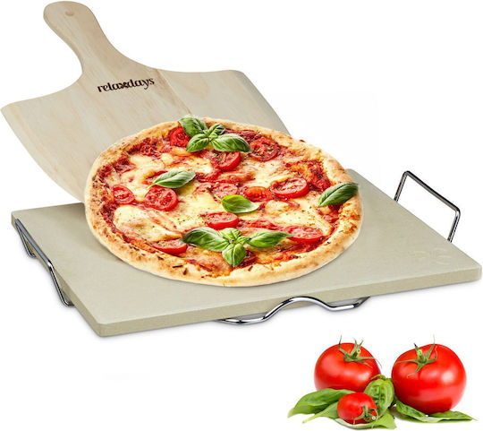 Set Piatră de Copt pentru Pizza Relaxdays Set Cu Lopată Din Lemn și Bază Metalică 38 X 30 X 1.5 Cm Bej 10020488