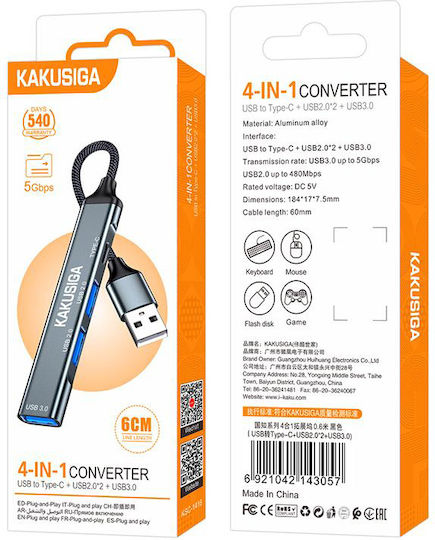 Kakusiga USB-Hub 4 Anschlüsse USB 3.0 mit USB-C Verbindung Grau