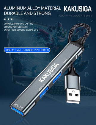 Kakusiga USB-Hub 4 Anschlüsse USB 3.0 mit USB-C Verbindung Grau