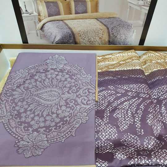 Tac Set Huse Pentru Pilote 200x220cm Dublă Cu 4 Fețe De Pernă & 1 Cearșaf Violet/Bej