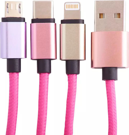 Jazwares Braided USB to Type-C / micro USB / Lightning Cable 2A Ροζ 1.2m B04413