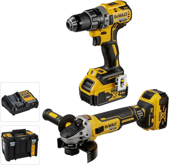 DEWALT DCK2020P2T Set Roată unghiulară & Mașină de găurit 18V cu 2 baterii 5Ah și husă