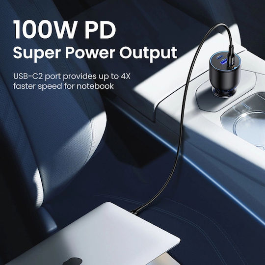 Ugreen Φορτιστής Αυτοκινήτου 130W 5A Γρήγορης Φόρτισης με Θύρες: 1xUSB 2xType-C Μαύρο Χρώμα