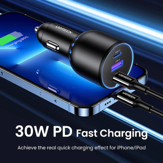 Ugreen Φορτιστής Αυτοκινήτου 130W 5A Γρήγορης Φόρτισης με Θύρες: 1xUSB 2xType-C Μαύρο Χρώμα