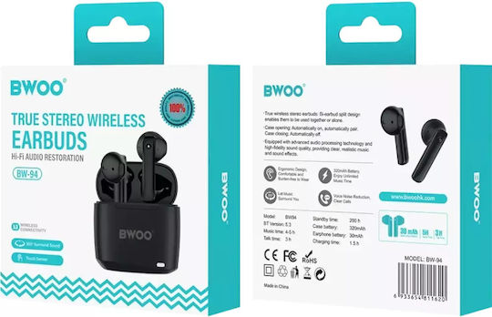 BWOO BW94 Earbud Bluetooth хендсфри Слушалки с Устойчивост на Пот и Кутийка за Зареждане Черен