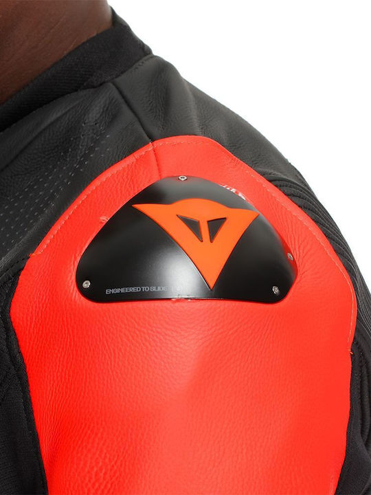 Dainese Racing 5 Perforated Sommer Herren Motorradjacke Leder Black / Black / Red-Fluo