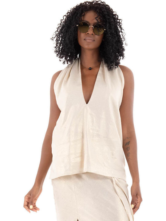 Women's Summer Linen Sleeveless Top Black Cream
