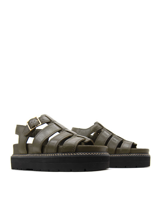Orianna Leather Women's Flat Sandals with Strap in Green Color