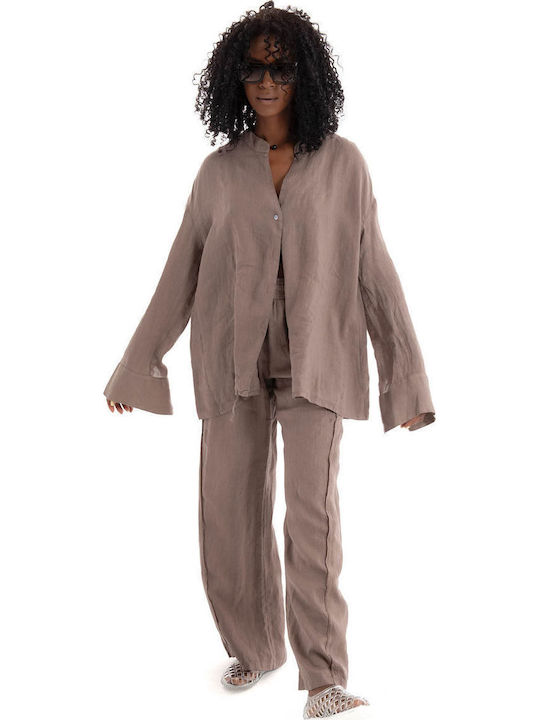 Women's Linen Long Sleeve Shirt Brown