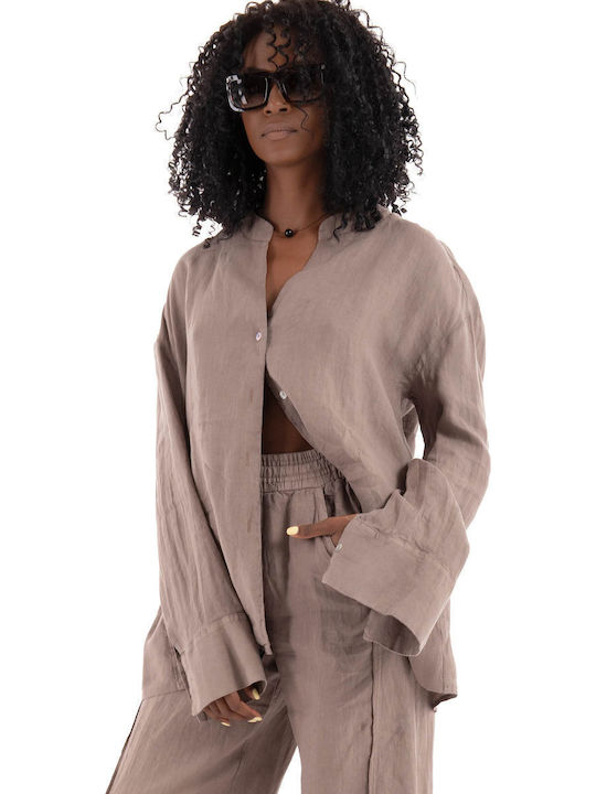Women's Linen Long Sleeve Shirt Brown