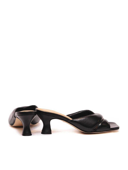 Leather Mules with Low Heel in Black Color