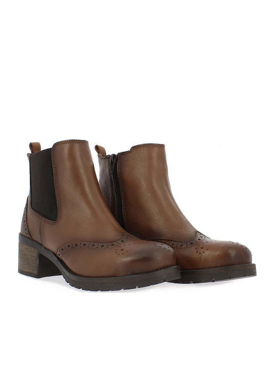 Leather Women's Ankle Boots with Medium Heel Tabac Brown
