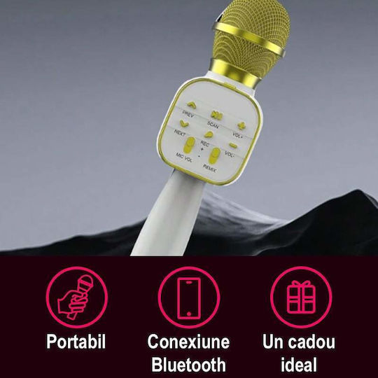 Microfon Karaoke Wireless Siks Portabil Difuzor Încorporat Card Micro SD USB Radio FM Înregistrare Multifuncțional Alb Auriu