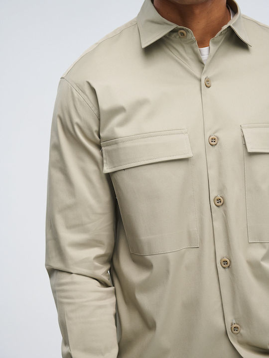 Μακρυμάνικo Τζιν Overshirt σε Κανονική Γραμμή Λαδί
