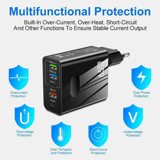 Techsuit Charger GaN with 3 USB-A Ports and 2 USB-C Ports and Cable USB-C 25W Power Delivery / Quick Charge 3.0 Whites (CHC1)