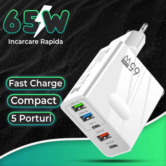 Techsuit Charger GaN with 3 USB-A Ports and 2 USB-C Ports and Cable USB-C 25W Power Delivery / Quick Charge 3.0 Whites (CHC1)