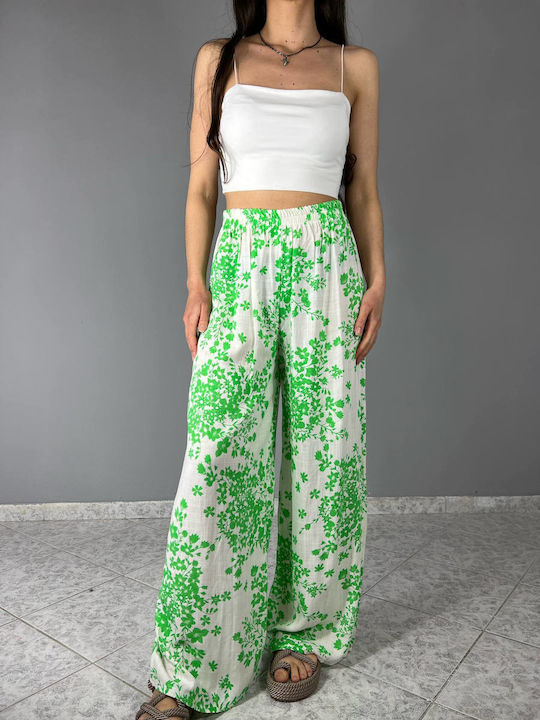 Women's Fabric Trousers with Elastic Floral Green
