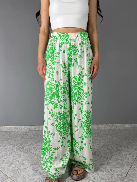 Women's Fabric Trousers with Elastic Floral Green