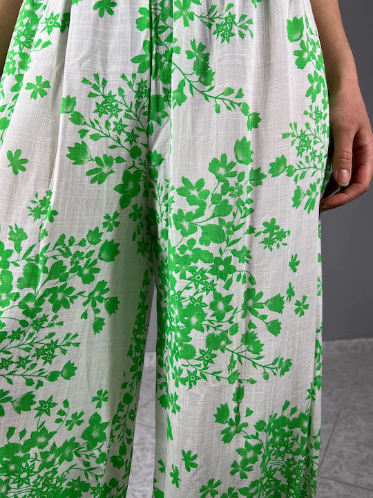 Women's Fabric Trousers with Elastic Floral Green