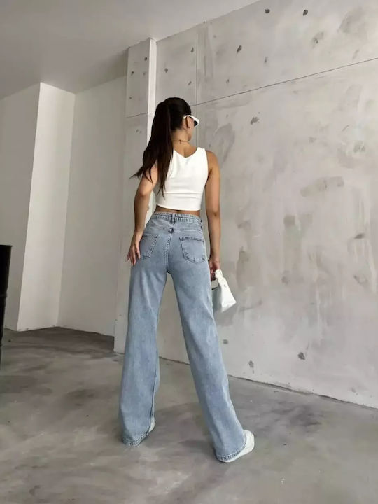 High Waist Women's Jean Trousers in Straight Line Light Blue