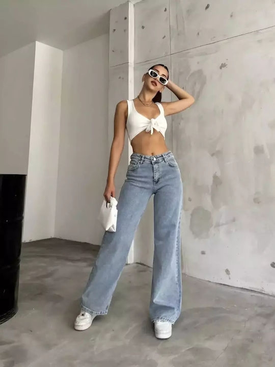 High Waist Women's Jean Trousers in Straight Line Light Blue