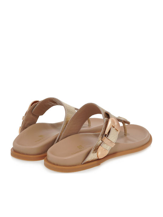 Leather Women's Flat Sandals in Gold Color