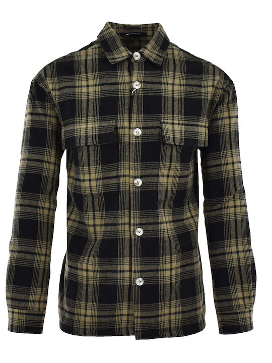 Long Sleeve Cotton Overshirt in Regular Fit Checked Beige