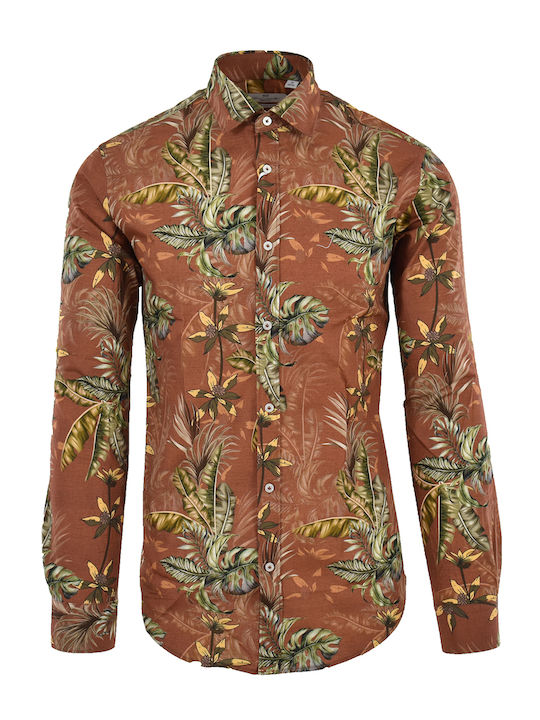 Long-sleeved Cotton Shirt Floral Brown