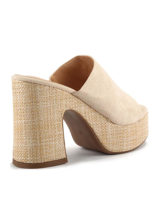 Suede Mules with Chunky High Heel in Beige Color