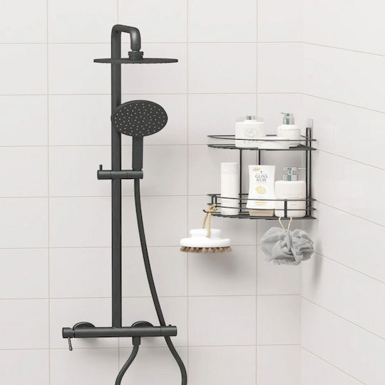 Femmit Eckregal aus Metall zur Wandmontage im Badezimmer 2 Regalböden 2 Haken 21x21x30cm Schwarz Matt Klebend oder Schrauben