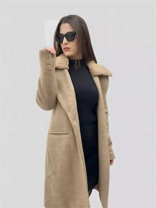 Damen Brown Shade Mantel mit Fellbesatz