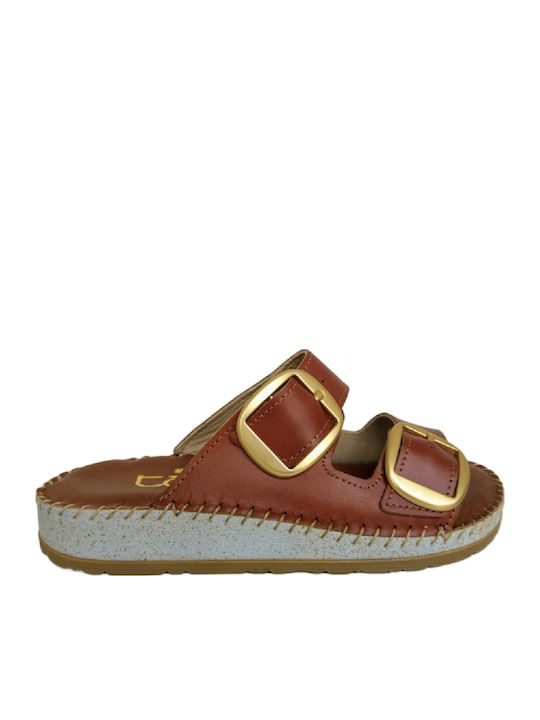 Leather Women's Flat Sandals Anatomic in Tabac Brown Color