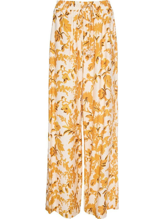 Damen Stoff Hose mit Gummizug Blumen Apricot