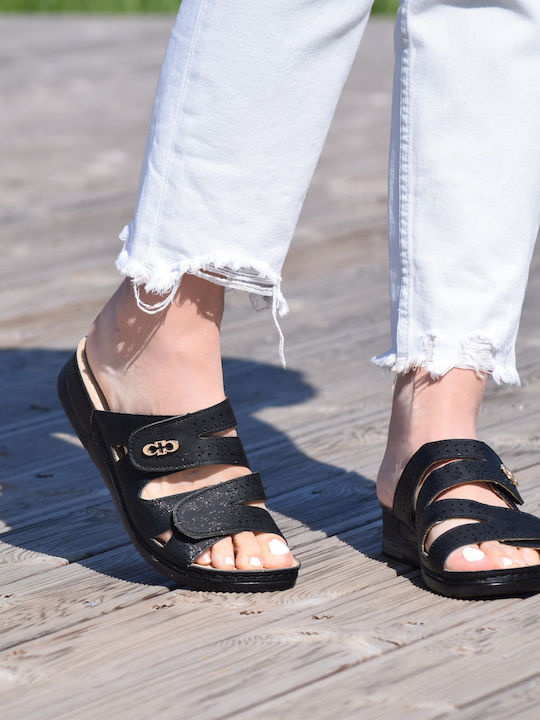 Leather Women's Flat Sandals Anatomic in Black Color