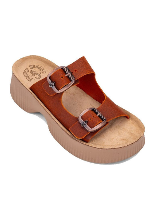 Δερμάτινα Γυναικεία Ανατομικά Σανδάλια Flatforms Πορτοκαλί S2100