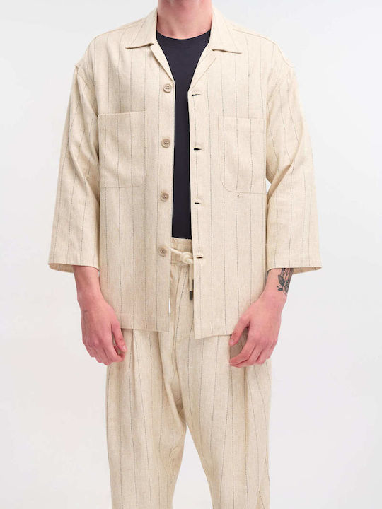 Μακρυμάνικo Overshirt σε Κανονική Γραμμή Ριγέ Μπεζ