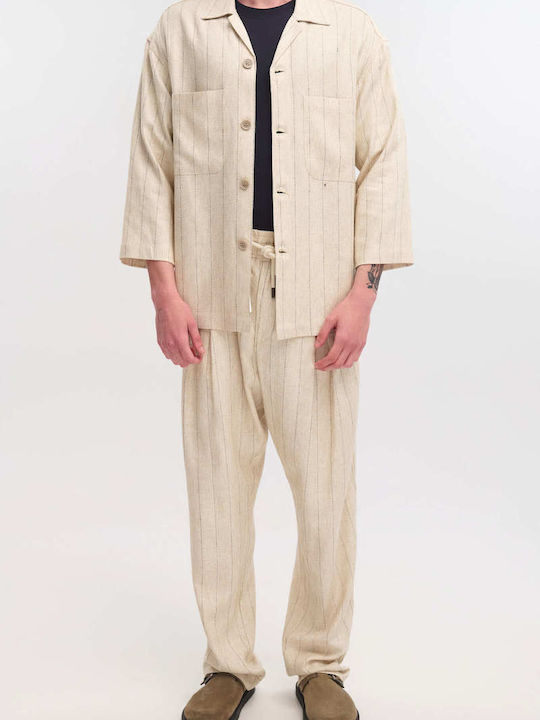 Μακρυμάνικo Overshirt σε Κανονική Γραμμή Ριγέ Μπεζ