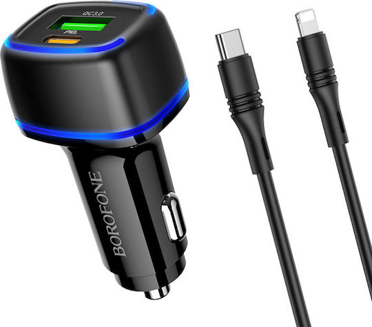 Borofone BZ14A Auto-Ladegerät 2.4A Schnellladung mit Anschlüssen: 1xUSB 1xType-C mit Kabel Blitzschlag Schwarz Farbe