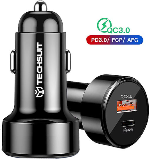 Techsuit Car Charger 18W 3.1A Fast Charging with Ports 1xUSB-A 1xType-C including Cable Type-C Black Colour