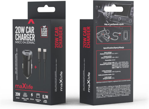 Maxlife Încărcător Auto 20W Cu Porturi 1xUSB-A 1xType-C Cu Cablu Lightning Culoare Neagră