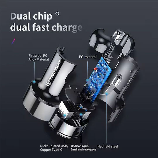 Techsuit Car Charger 18W 3.1A Fast Charging with Ports 1xUSB-A 1xType-C including Cable Type-C Black Colour