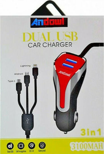 Andowl 3 In 1 Dual Charger Car Charger 3.1A with Ports: 2xUSB with Cable Lightning / Micro-USB / Type-C