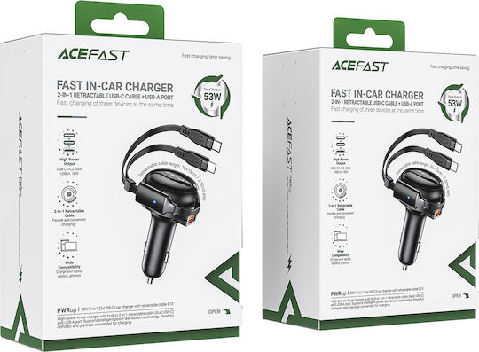 Acefast Автомобилен Заряден Устройство 53W 3A с Портове 1xUSB-A 2xType-C с Type-C Кабел Черен Цвят