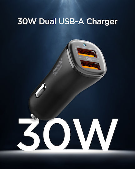 Spigen Ev302 Essential 30w Car Charger Car Charger 30W 3A with Ports: 2xUSB Black Color