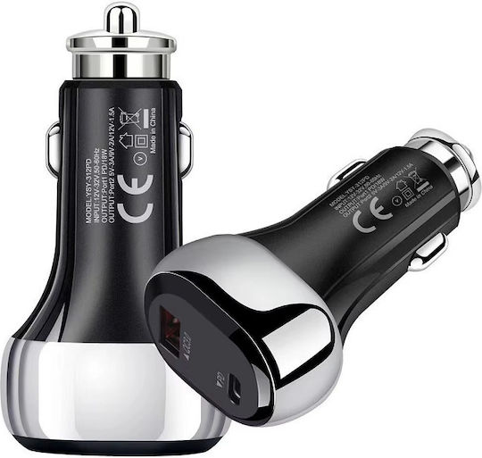 Car Charger 18W With Ports 1xUSB 1xType-C Black Colour