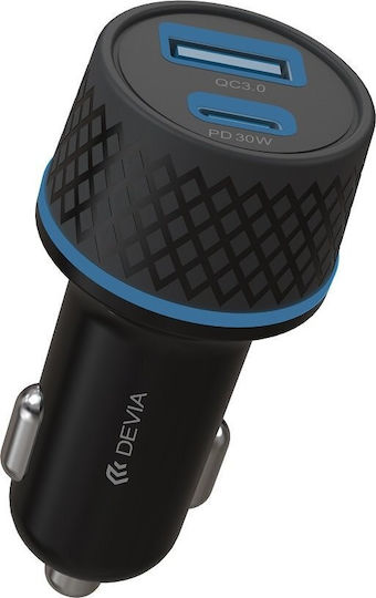 Devia Auto-Ladegerät 52.5W Schnellladung mit Anschlüssen: 1xUSB 1xType-C mit Kabel Blitzschlag Schwarz Farbe