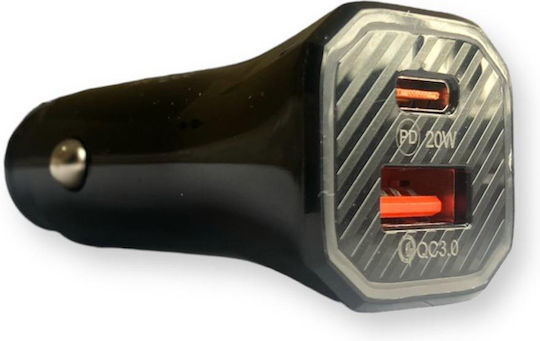 Auto Gs Car Charger 20W 3A with Ports: 1xUSB 1xType-C Black Color